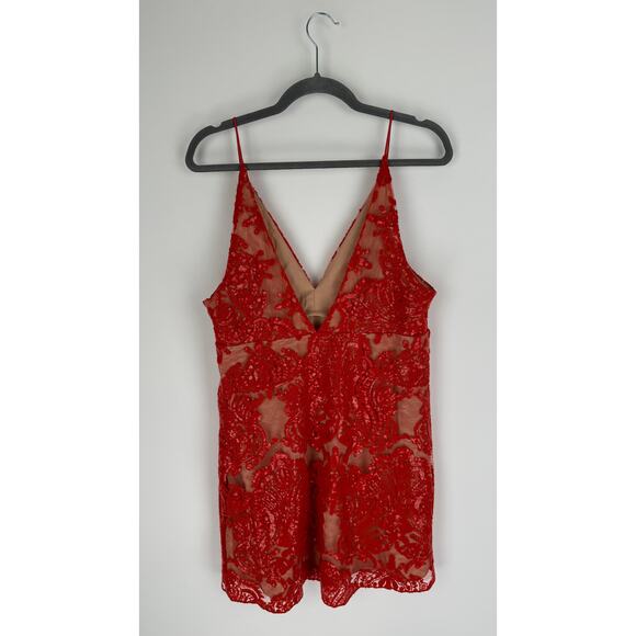 Free People Night Shimmers Mini Dress Womens Size 14 Red V Neck Lace Sequin New - Picture 10 of 16